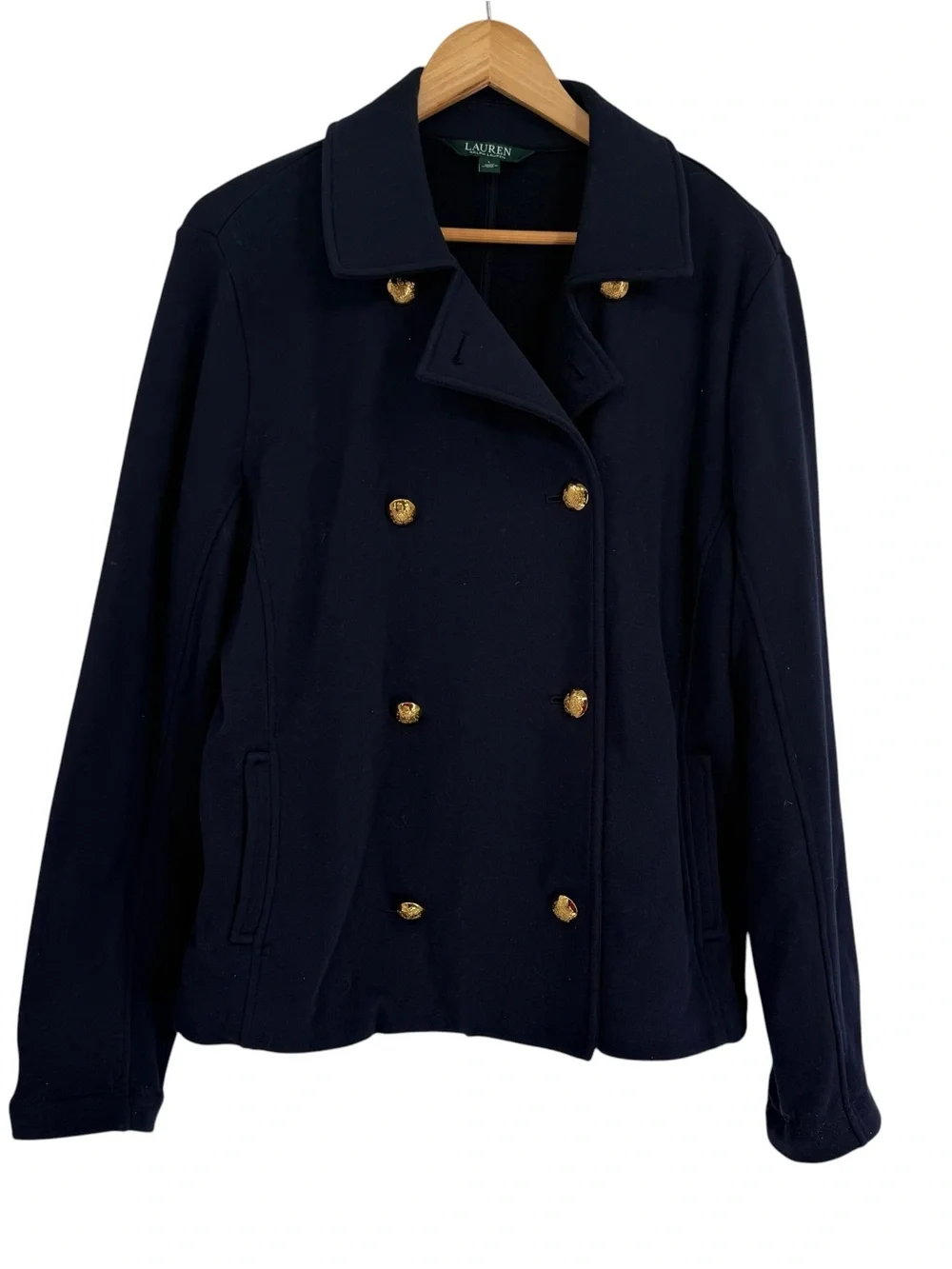 Lauren Ralph Lauren Navy Blue Knit Double Breasted Gold Crest Button Jacket L